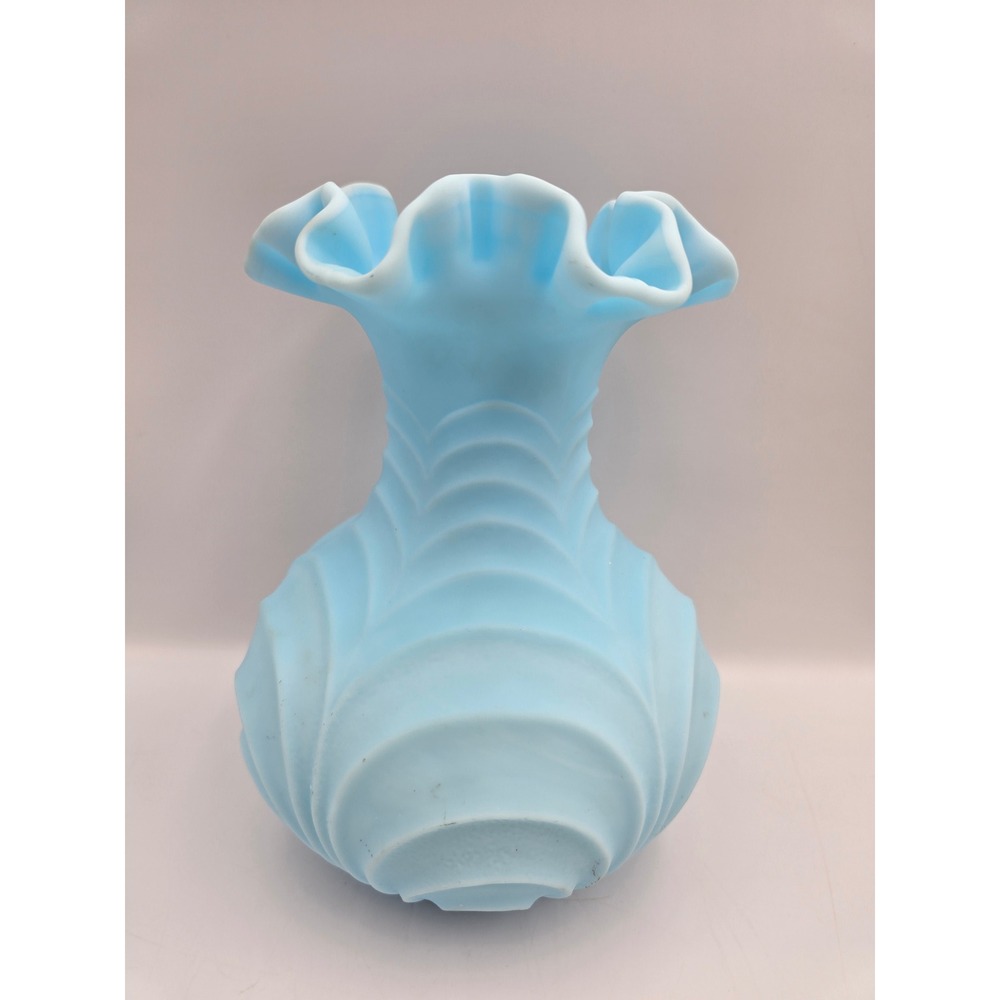 Fenton Vintage Satin Glass Vase Blue Ruffled Rim 8 Inch Light Blue Embossed